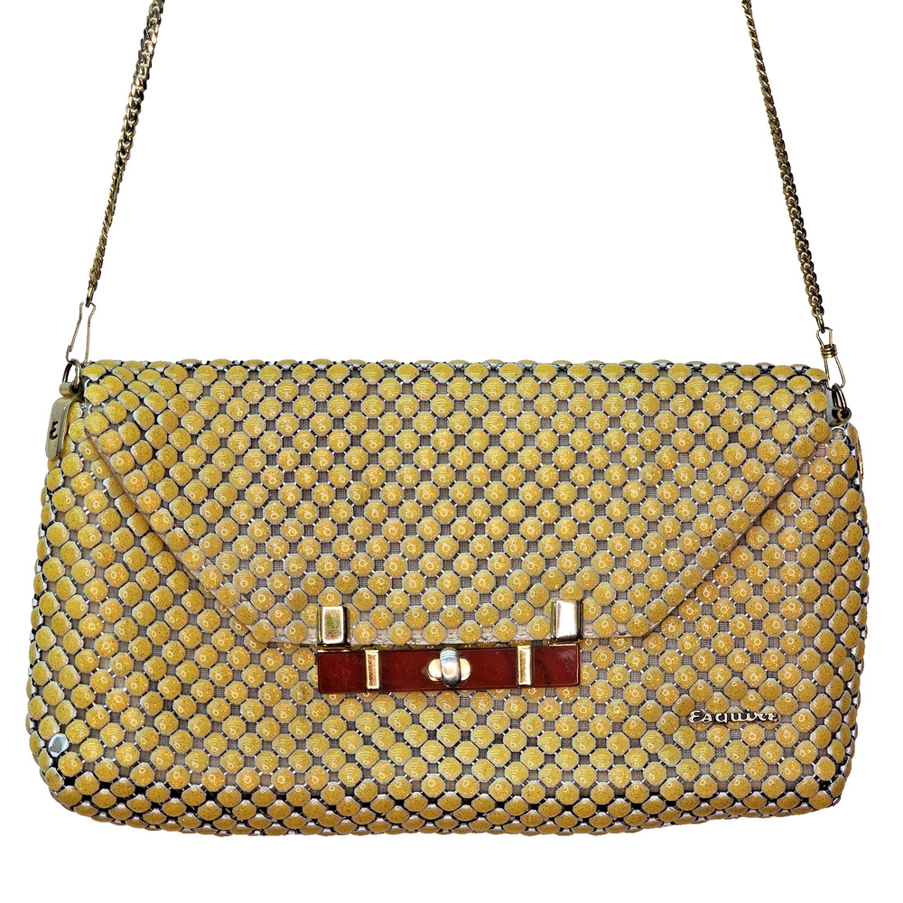 Vintage Esquire Clutch Bag Womens Yellow Beaded Chain Shoulder Purse Evening 70s